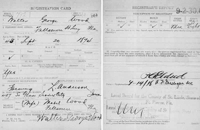 World War I Draft Registration of Walter G Wood in St. Lucie County Florida April 1918
