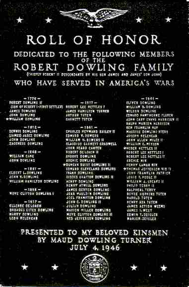 Memorial Plaque for Dowlings Who Served